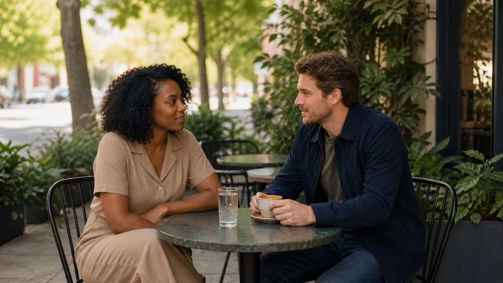 Two adults having a calm conversation at an outdoor cafe