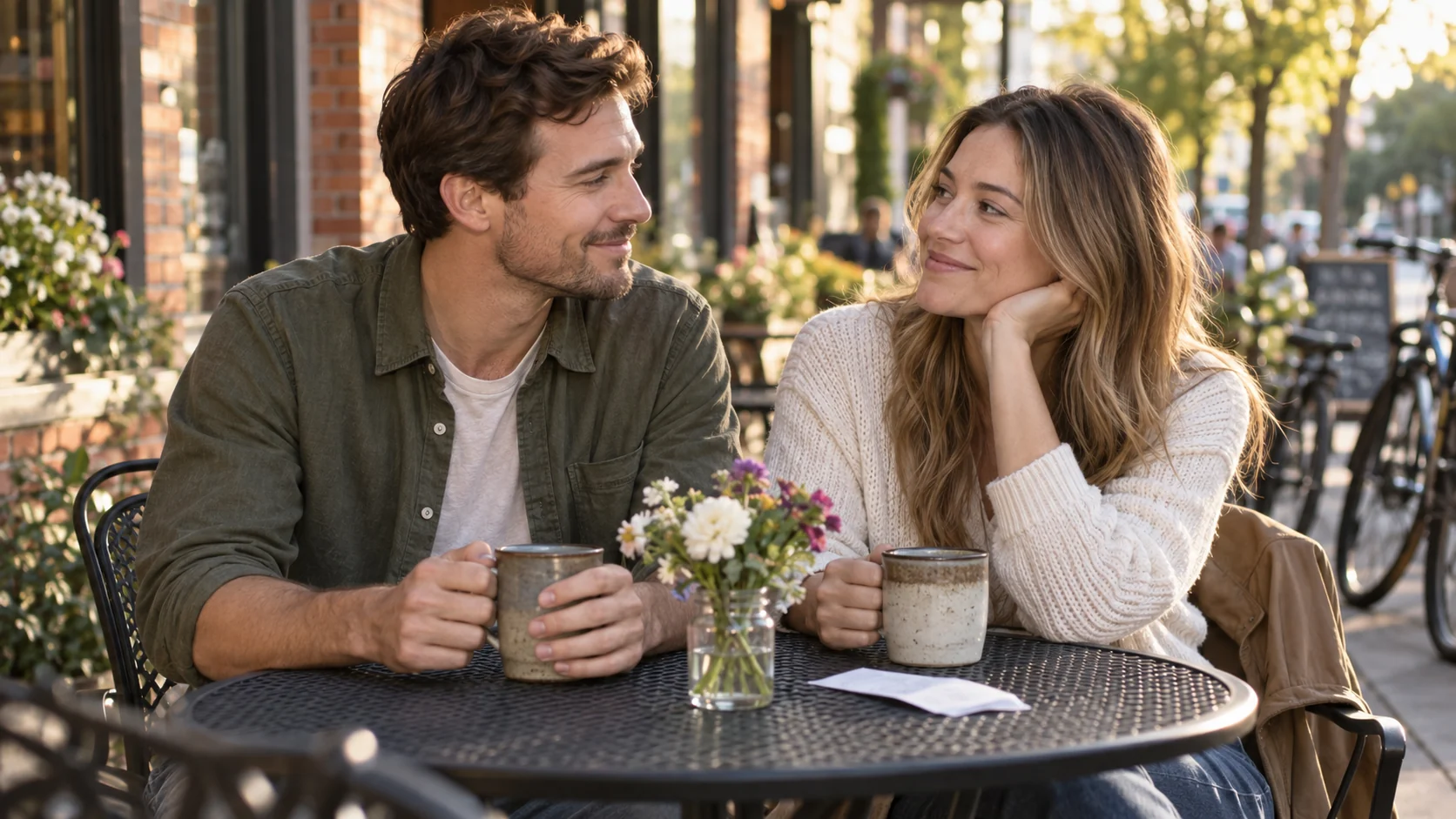 Two adults sharing a relaxed conversation over coffee at a neighborhood café