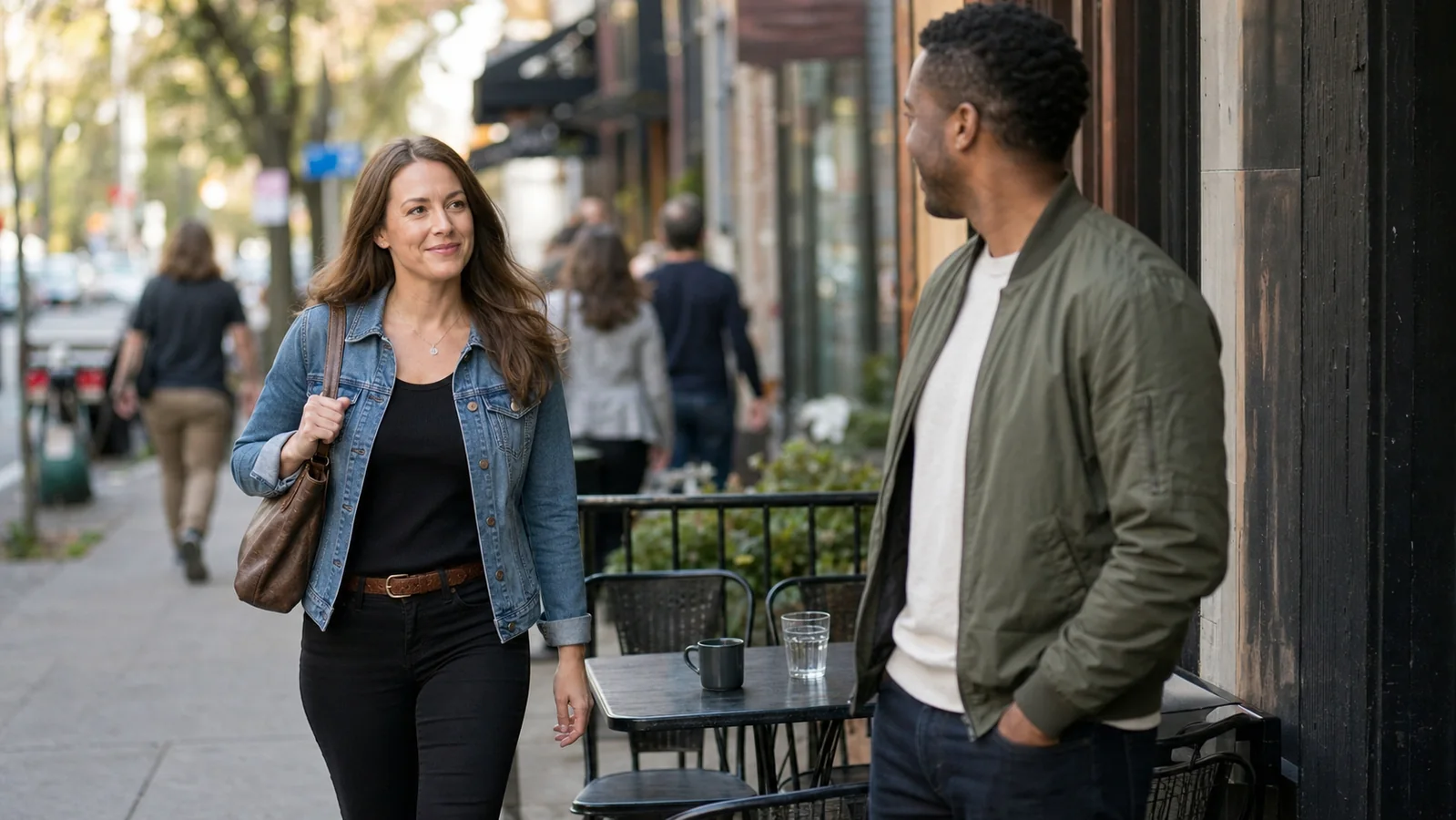 Woman arriving confidently for a relaxed coffee date at a neighborhood cafe