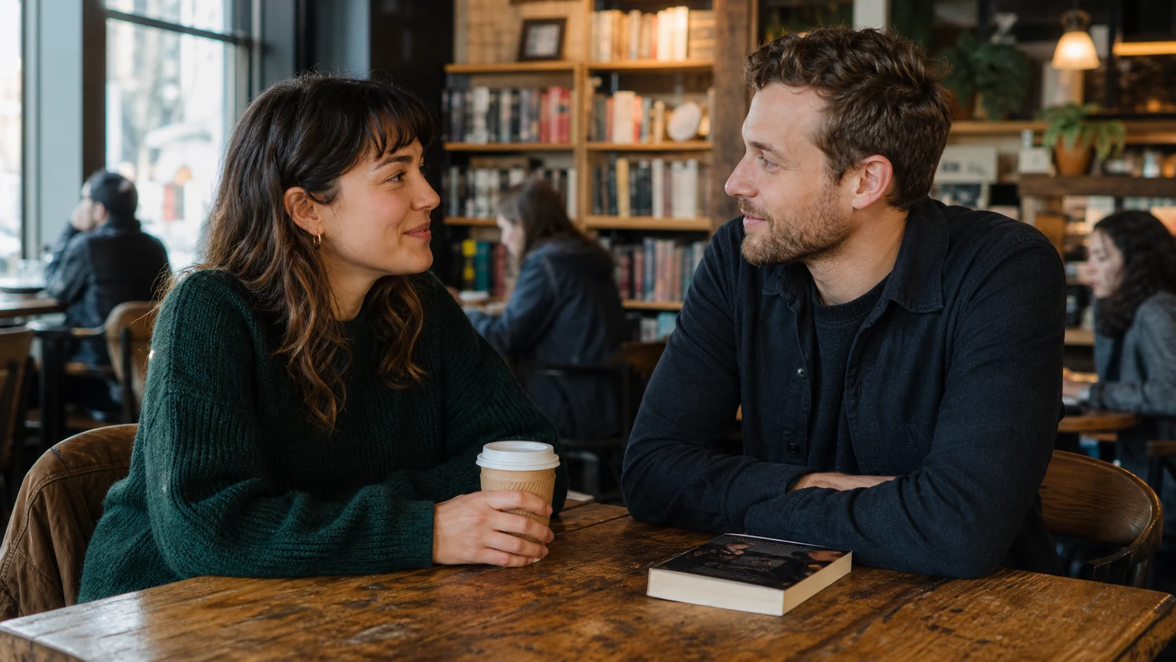 Two adults talking comfortably at a small neighborhood bookstore cafe