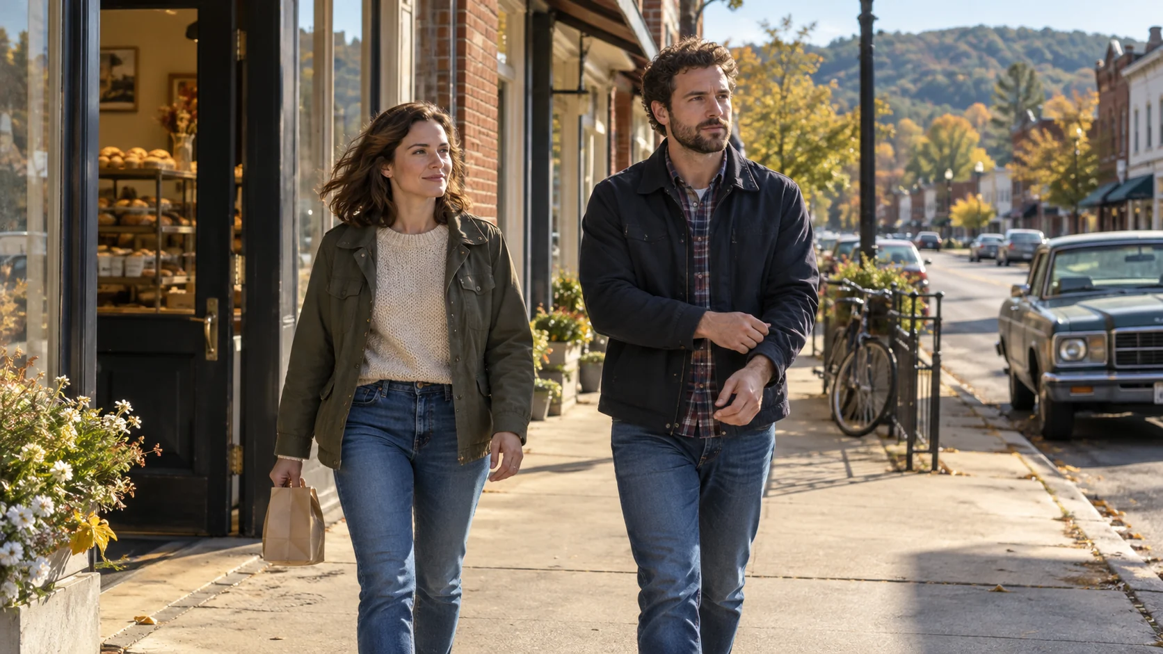 Two adults walking out of a bakery along a small-town main street