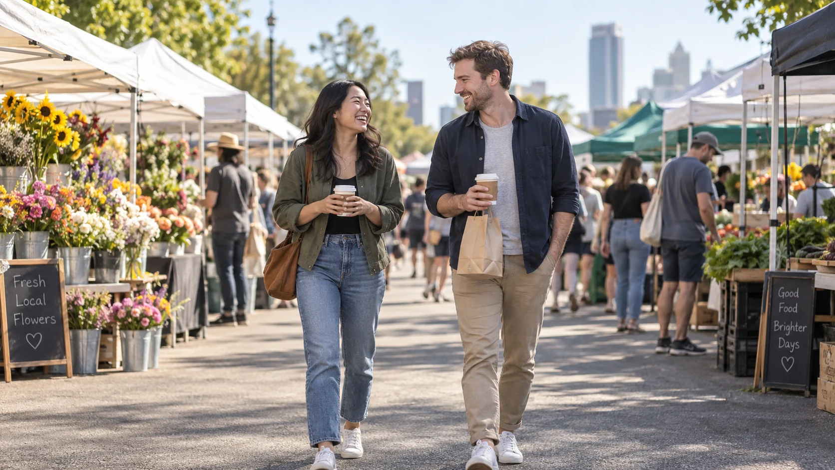 Two adults walking and talking at a neighborhood farmers market