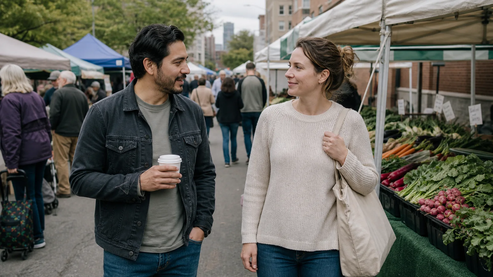 Two adults talking naturally at a neighborhood farmers market