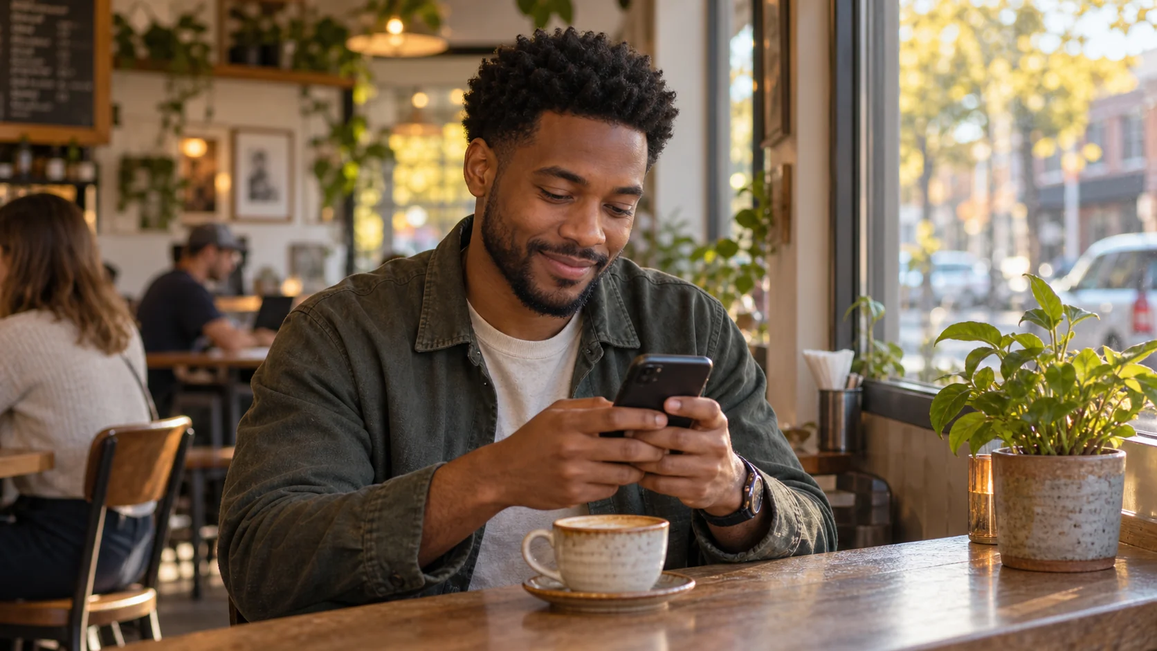 Man smiling while writing a message at a neighborhood cafe