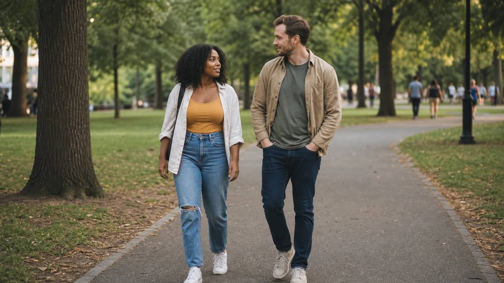 Two adults taking a relaxed walk together in a neighborhood park