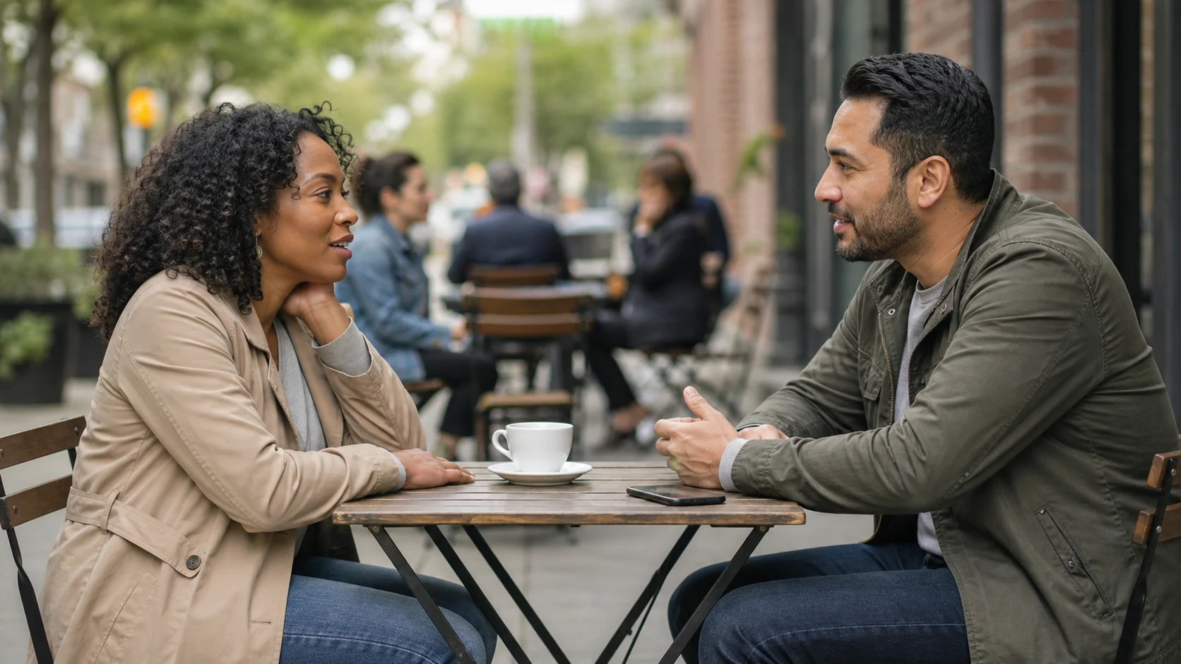 Two adults having a relaxed conversation at a public outdoor cafe