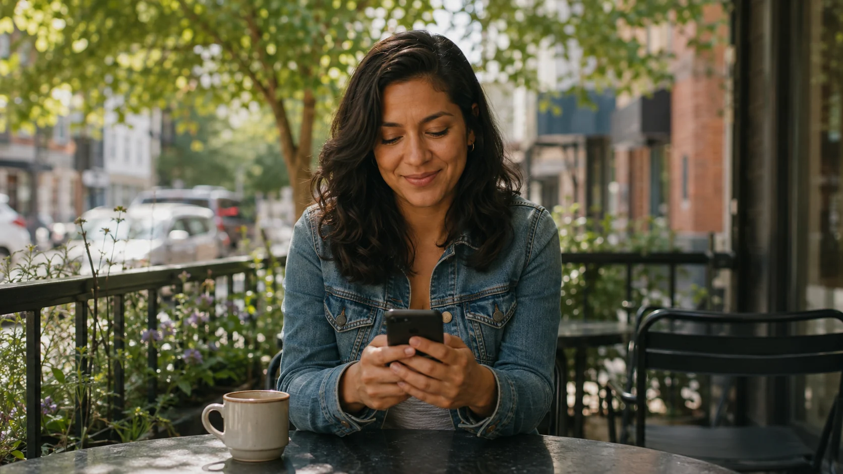 Woman looking at her phone while sitting at an outdoor cafe