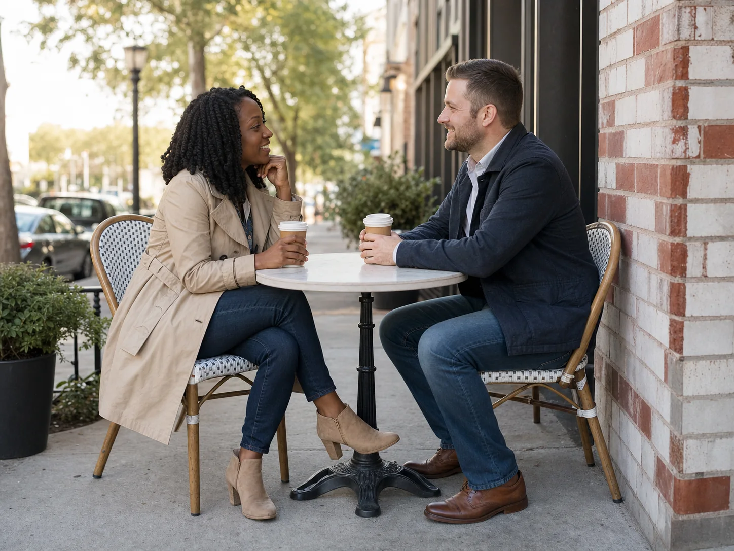 American couple enjoying a relaxed first date at a neighborhood cafe